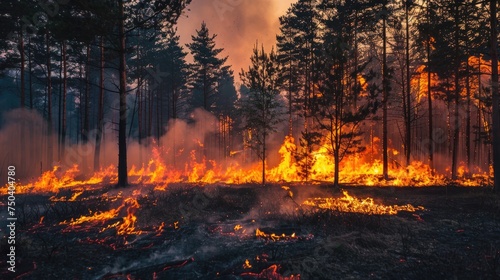 A devastating forest fire consumes the trees, reflecting the power and destruction of wildfires