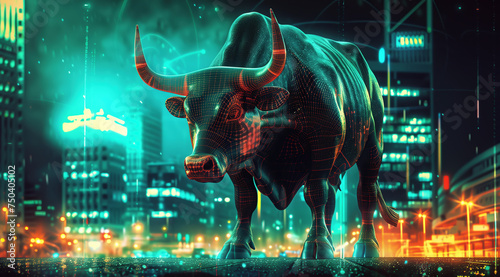 An angry bull is depicted engaging in trading activities with a computer. The concept revolves around the bull market in both traditional stock markets and the cryptocurrency. Generative AI. © Peachaya