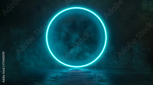 A mystical portal illuminated by a neon blue geometric circle on a dark background.