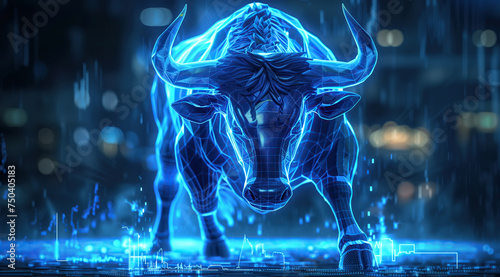 An angry bull is depicted engaging in trading activities with a computer. The concept revolves around the bull market in both traditional stock markets and the cryptocurrency. Generative AI. photo