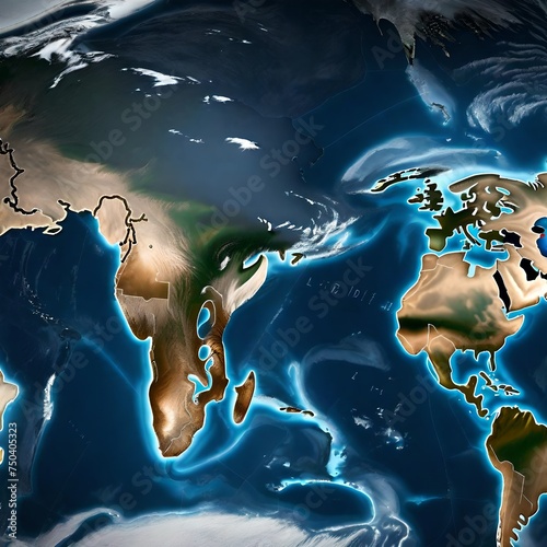 World map with texture on global satellite photo, Earth view from space. Detailed flat map of continents and oceans, panorama of planet surface. Elements of this image furnished by NASA