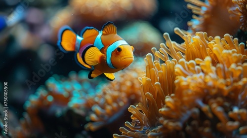 Anemone fish playing on a coral reef, beautiful clownfish on a coral reef, anemones on a tropical coral reef © Diana