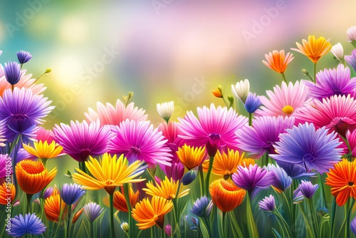 A colorful field of flowers with bright blue sky in t background