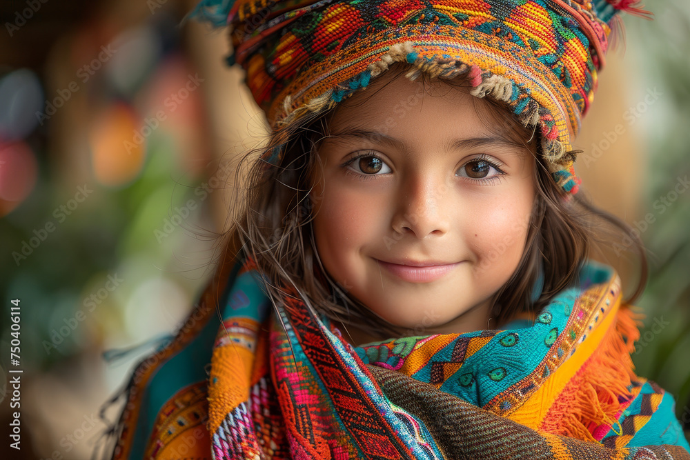Smiling Girl Wrapped in Colorful Woven Textiles Smiling Girl Wrapped in Colorful Woven Textiles