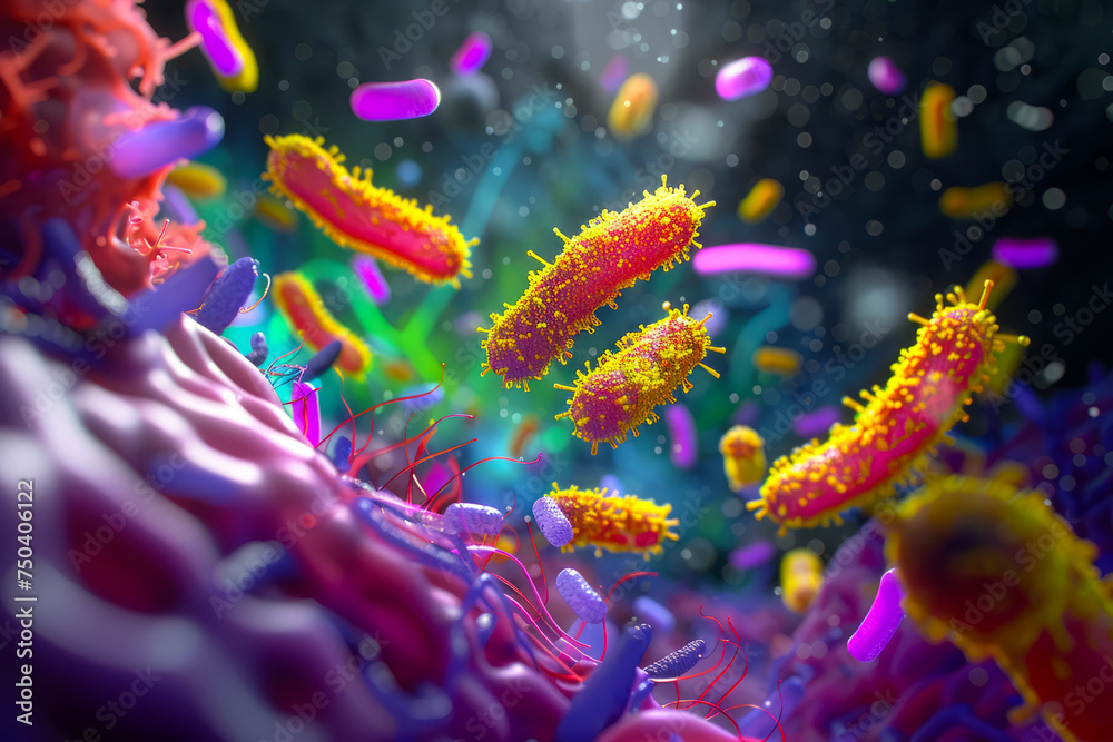 Artistic depiction of bacteria engaging in quorum sensing with vibrant colors and abstract shapes Artistic depiction of bacteria engaging in quorum sensing with vibrant colors and abstract shapes