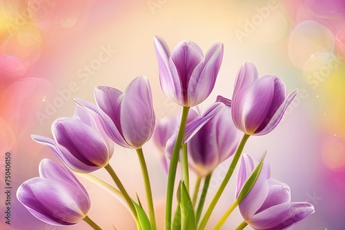 A bouquet purple tulips with green leaves