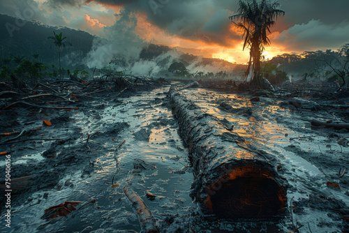 Dramatic Sunset over Devastated Tropical Forest