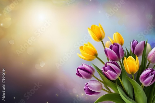 A bouquet purple and yellow tulips with a blue background