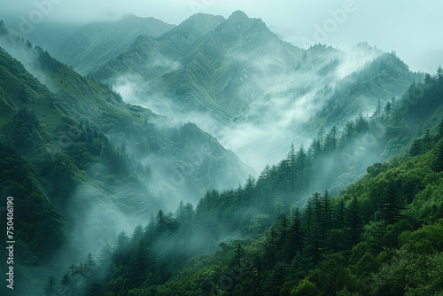 Ethereal Morning Mist in Mountainous Forest