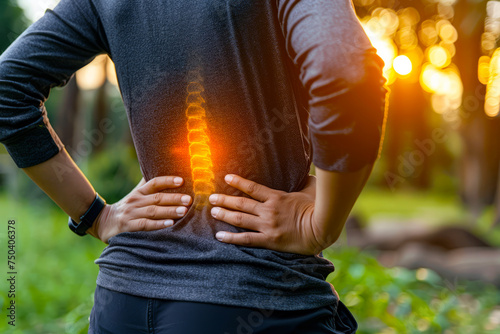 Conceptual image of a person experiencing lower back pain, with highlighted spine area