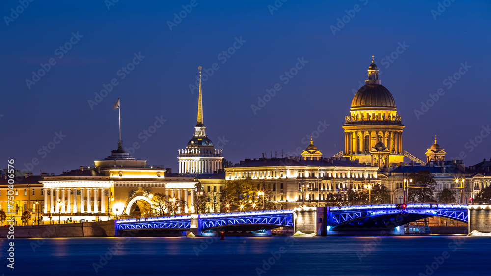 The dome of St Isaac's Cathedral in Saint Petersburg, Classical view of Neva river with Isaakievsky Cathedral in Saint-Petersburg, Russia