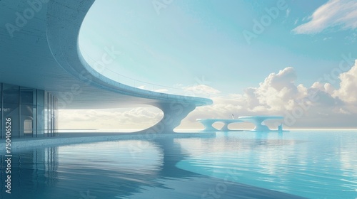 Unique and futuristic architectural forms harmoniously integrating with the water environment. The sleek curves of a modern architectural masterpiece rise above the water's edge, reflecting innovation