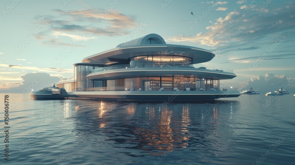 Oceanic Futurism - Floating Architectural Wonder. Floating Futuristic City. A vision of the future materializes with a floating architectural complex - obrazy, fototapety, plakaty 