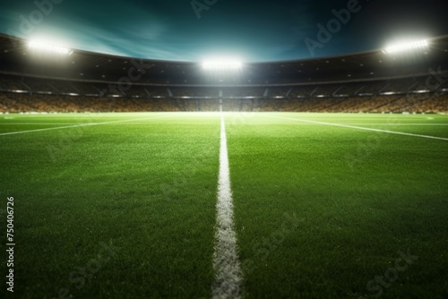 Empty night football soccer stadium field with illumination, green grass, and soccer background
