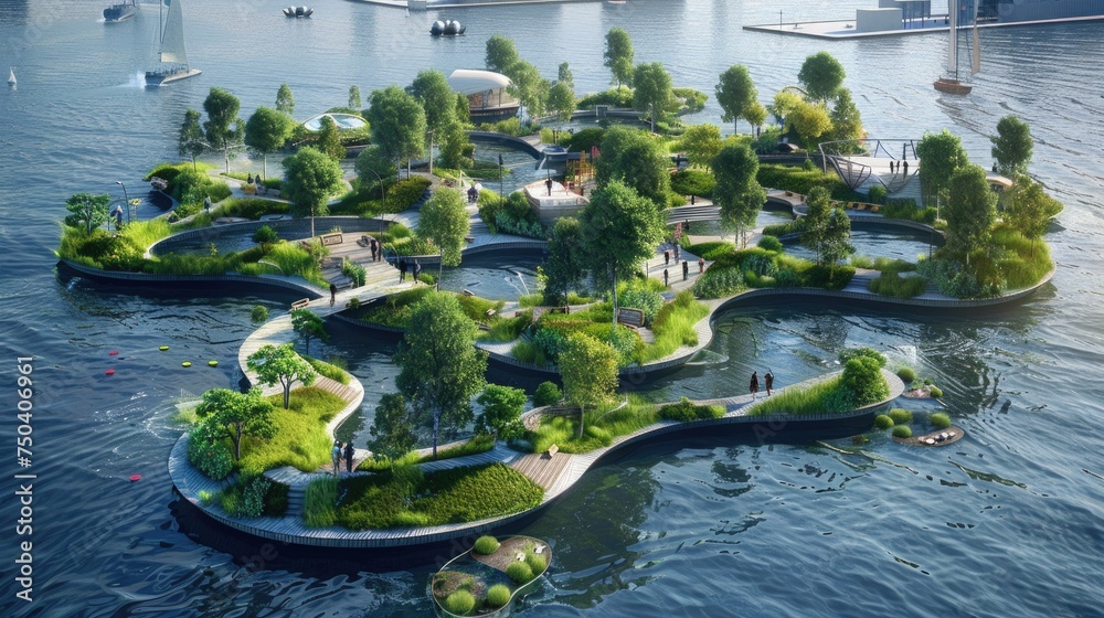 Naklejka premium Massive floating park where city residents can enjoy green spaces, sports facilities, and picturesque views of the surrounding waters. Eco-Friendly Floating Gardens Cityscape