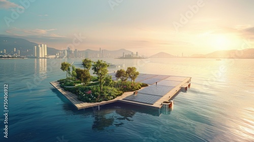 Massive floating park where city residents can enjoy green spaces, sports facilities, and picturesque views of the surrounding waters. Eco-Friendly Floating Gardens Cityscape