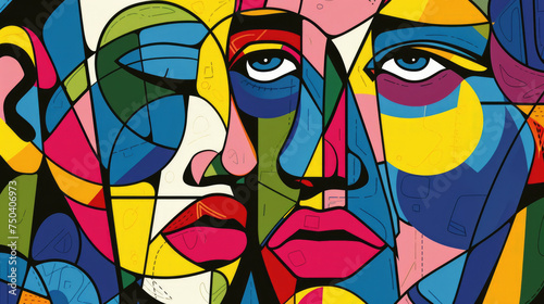 Abstract black and white cubist faces mixed with bold stroke accents of blue, lime green, deep red, yellow and magenta, retro colors. Illustration for creative design