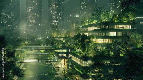 green island city where buildings and parks intertwine  creating a unique ecological balance and minimizing negative impact on the environment  floating city  floating park