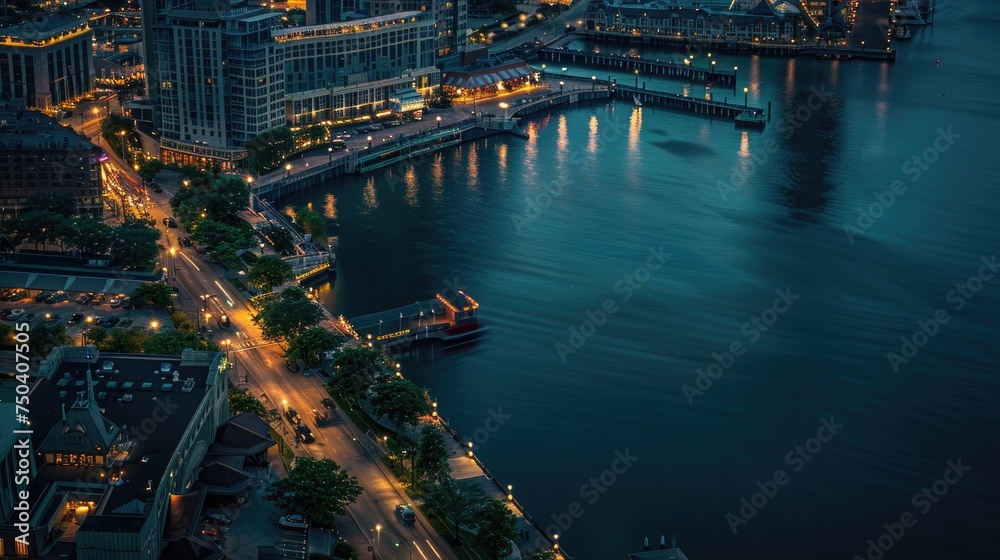 Aerial skyline with a view of the navy pier and lake, floating city, city park nestled along the waterfront, with the urban skyline