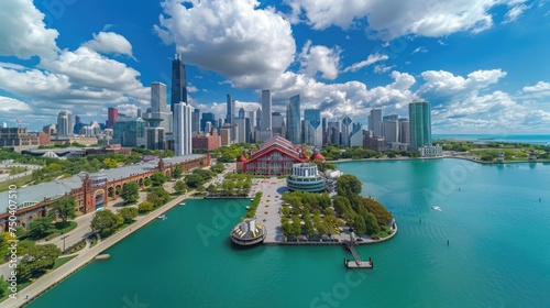Aerial skyline with a view of the navy pier and lake, floating city, city park nestled along the waterfront, with the urban skyline photo