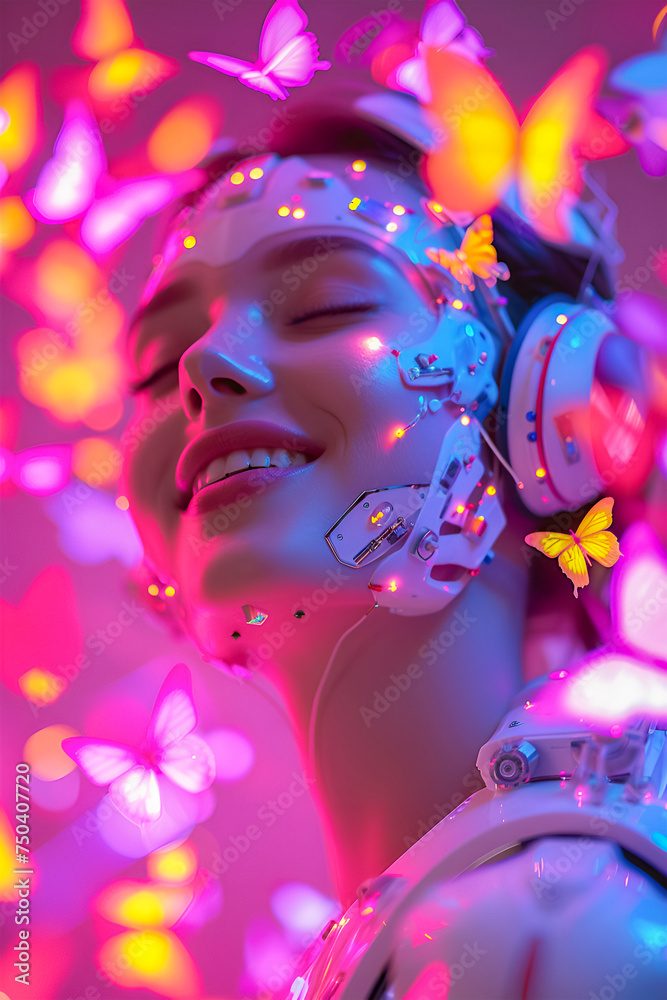 A laughing cyborg woman with a human face on a background of gorgeous airy multicolored butterflies on a pink background. The beauty of nature