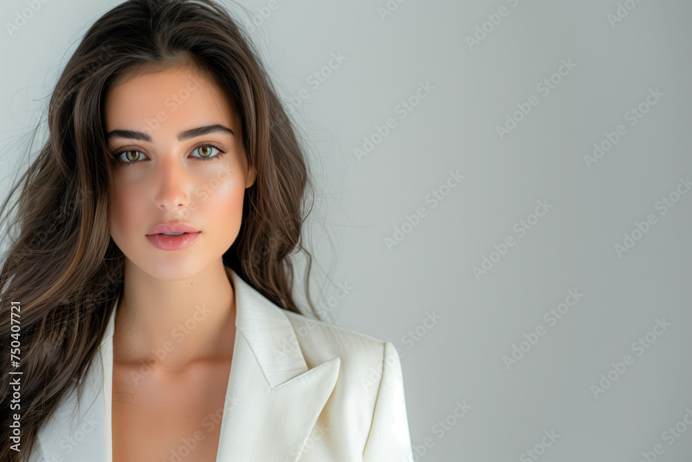 A woman with long brown hair and a white jacket A woman with long brown hair and a white jacket