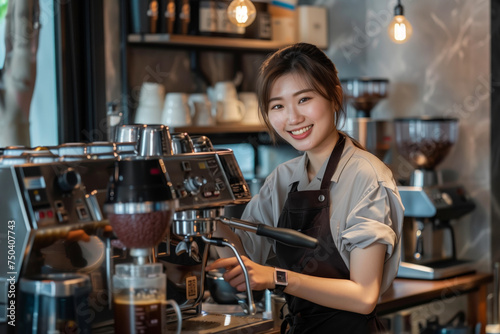 A woman is smiling and working at a coffee shop