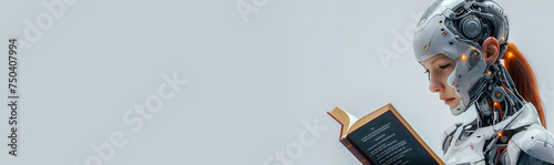 A cyborg woman is reading an interesting paper book on a light isolated background. Place for text, copy spaces, banner photo