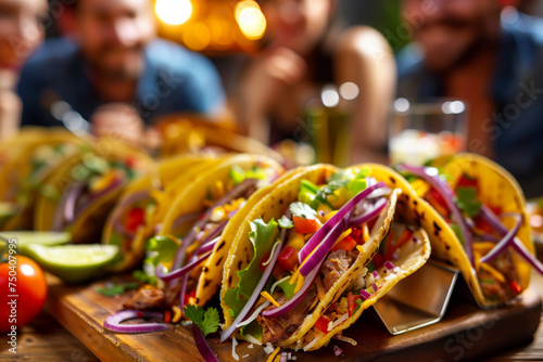 A group of people are sitting around a table with a variety of Mexican food
