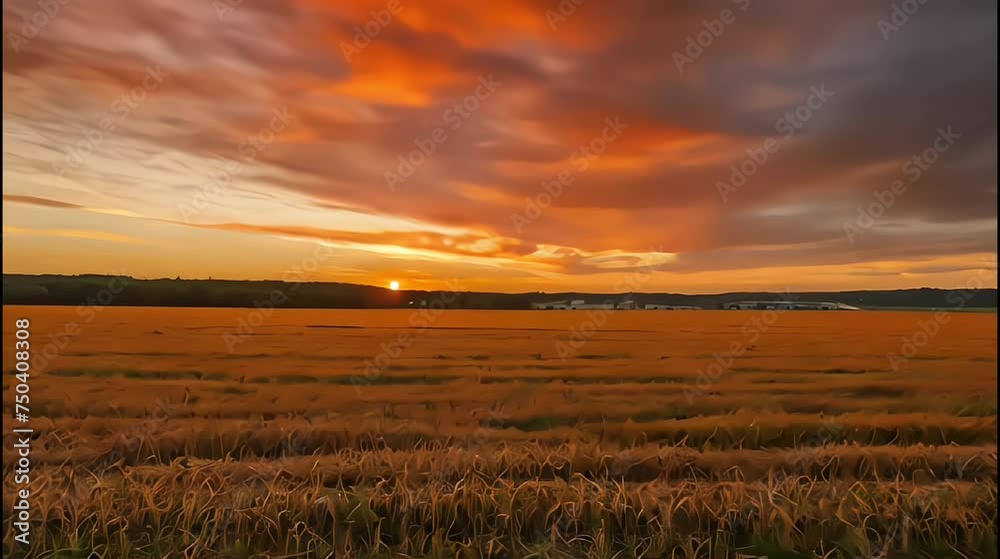 sunset over a green field with rows of crops,