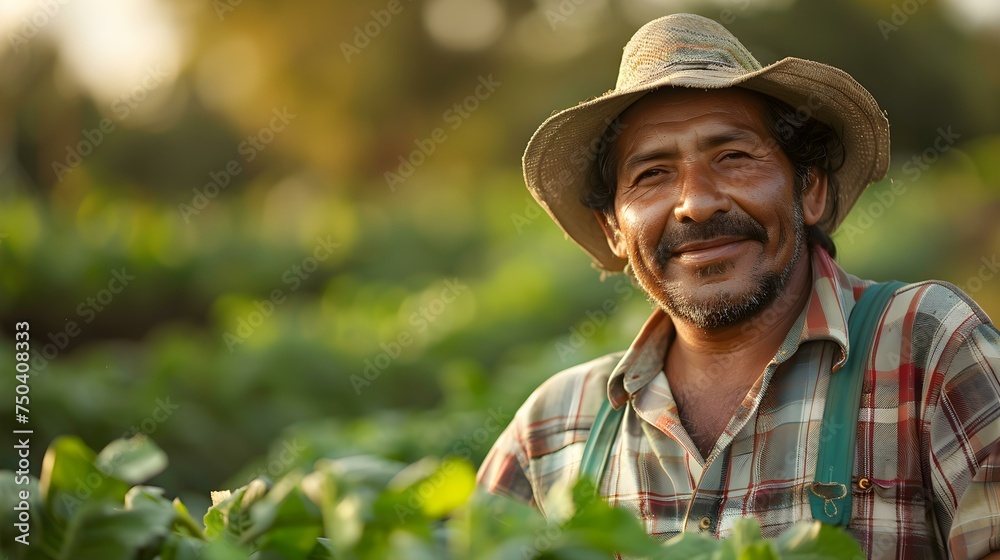 Happy Hispanic male farmer tending to crops in a field closeup portrait. Concept Portrait Photography, Farmer Lifestyle, Natural Environment, Agricultural Work, Men at Work