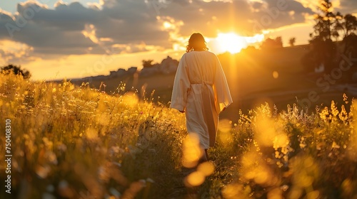 Jesus a shepherd walks in a field under the bright sun. Concept Religious, Nature, Sunlight, Field, Christianity