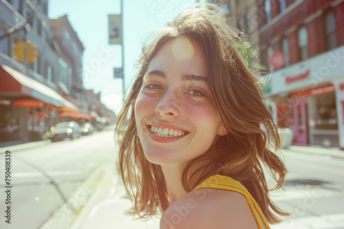 joyful portrait of a young woman on a city street in the sun in light summer clothes