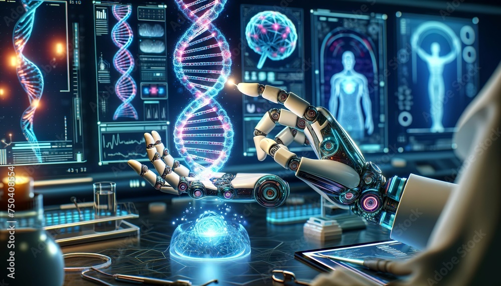 This AI-generated image showcases a robotic hand conducting advanced scientific research with a glowing DNA helix in a modern, high-tech laboratory setting.