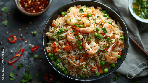 Food recipe Shrimp fried rice with peas, carrots, staple food, tableware © Nadtochiy