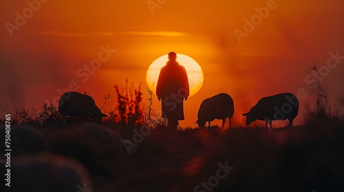 Silhouette of shepherd and sheep at sunset in a spiritual setting. Concept Nature, Landscape, Spirituality, Silhouette, Sunset
