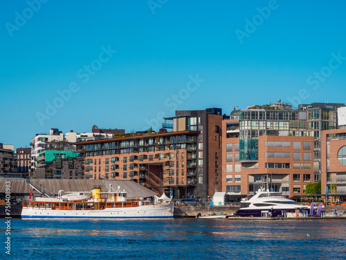 Waterfront view on Oslo city harbor in a sunny summer day. Norway