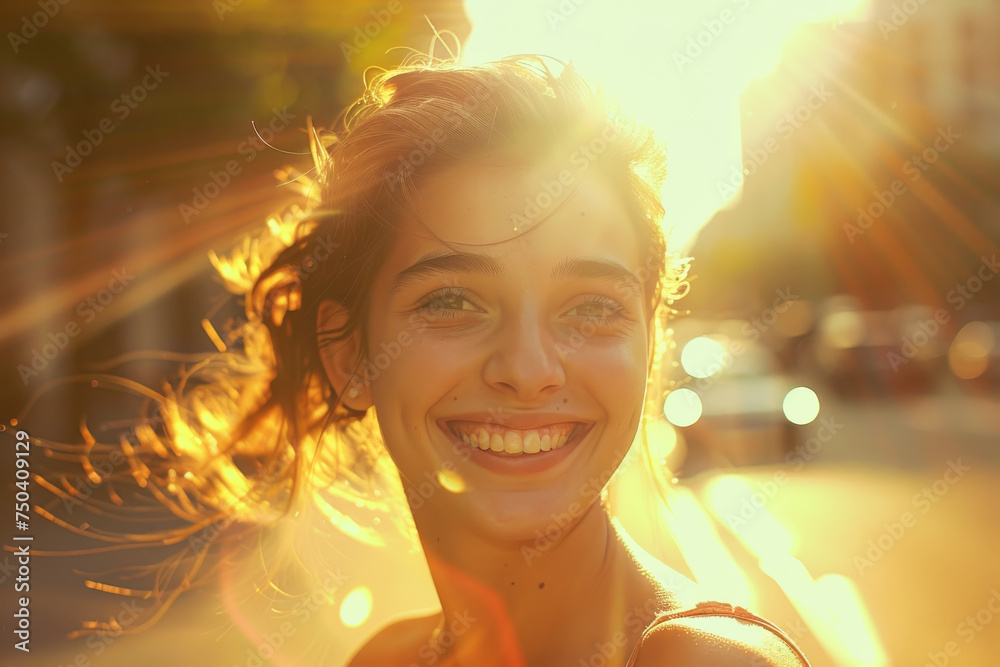 joyful portrait of a young woman on a city street in the sun in light summer clothes