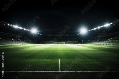 Night soccer arena illumination with green grass field and football stadium background © sorin