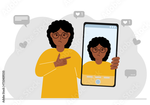 A female video blogger records or watches a video or photo on a smartphone. Various social media icons.