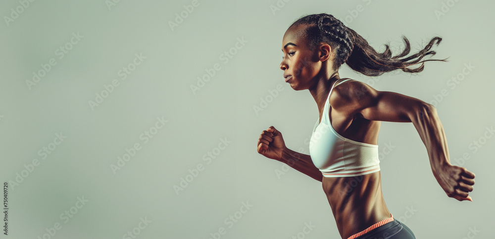 Black woman marathon runner on a plain background