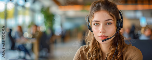 A young and attractive employee with headphones, microphone and modern office interiors in the background. She works in the support service, advising clients by phone. Place for the text, banner photo