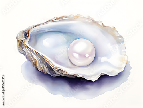 Illustration of a pearl in shell on white background 