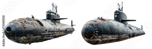 Pair of Weathered Military Submarines Isolated on White Background for Naval Warfare Concepts photo