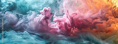 Abstract pastel pink smoke swirls gracefully over a dreamy pastel blue and green blurred background, creating a mesmerizing and ethereal atmosphere