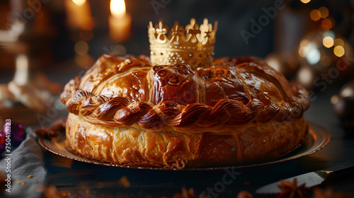 King cake or galette des rois in French. Traditional Epiphany cake in France. generative ai  photo
