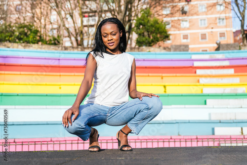 Stylish woman crouching confidently with a rainbow backdrop. © Koldo_Studio
