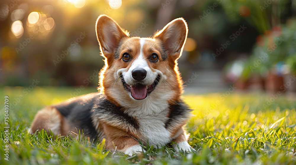 Cheerful adorable corgi sitting on the grass in the park on a sunny day