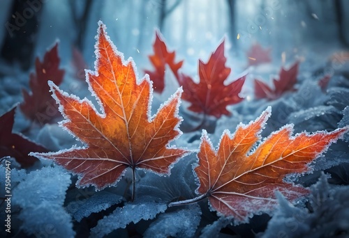Deciduous maple leaves frostcovered in snowy landscape