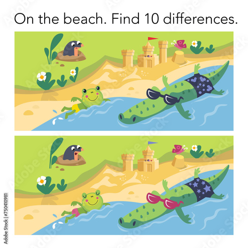 Find 10 differences. Educational puzzle game for children. Cute characters in flat style. Vector illustration on background. Scene for design.